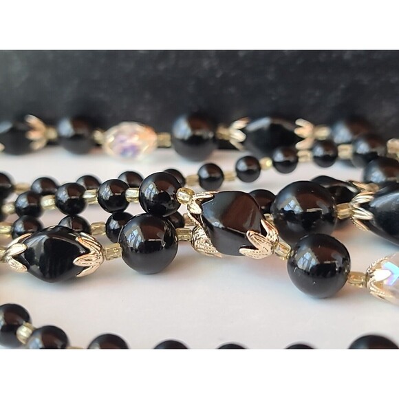 Black And Clear Multistrand Adjustable Beaded Necklace Vintage Japan - Picture 7 of 10